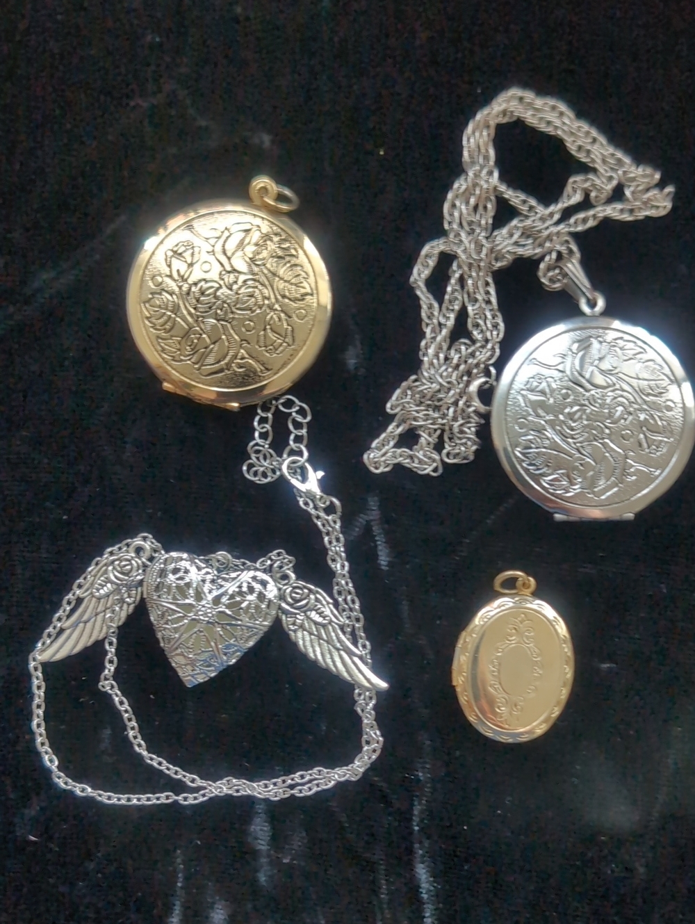 Mixed Gold & Silver Floral Engraved Lockets and Winged Heart Pendant Locket